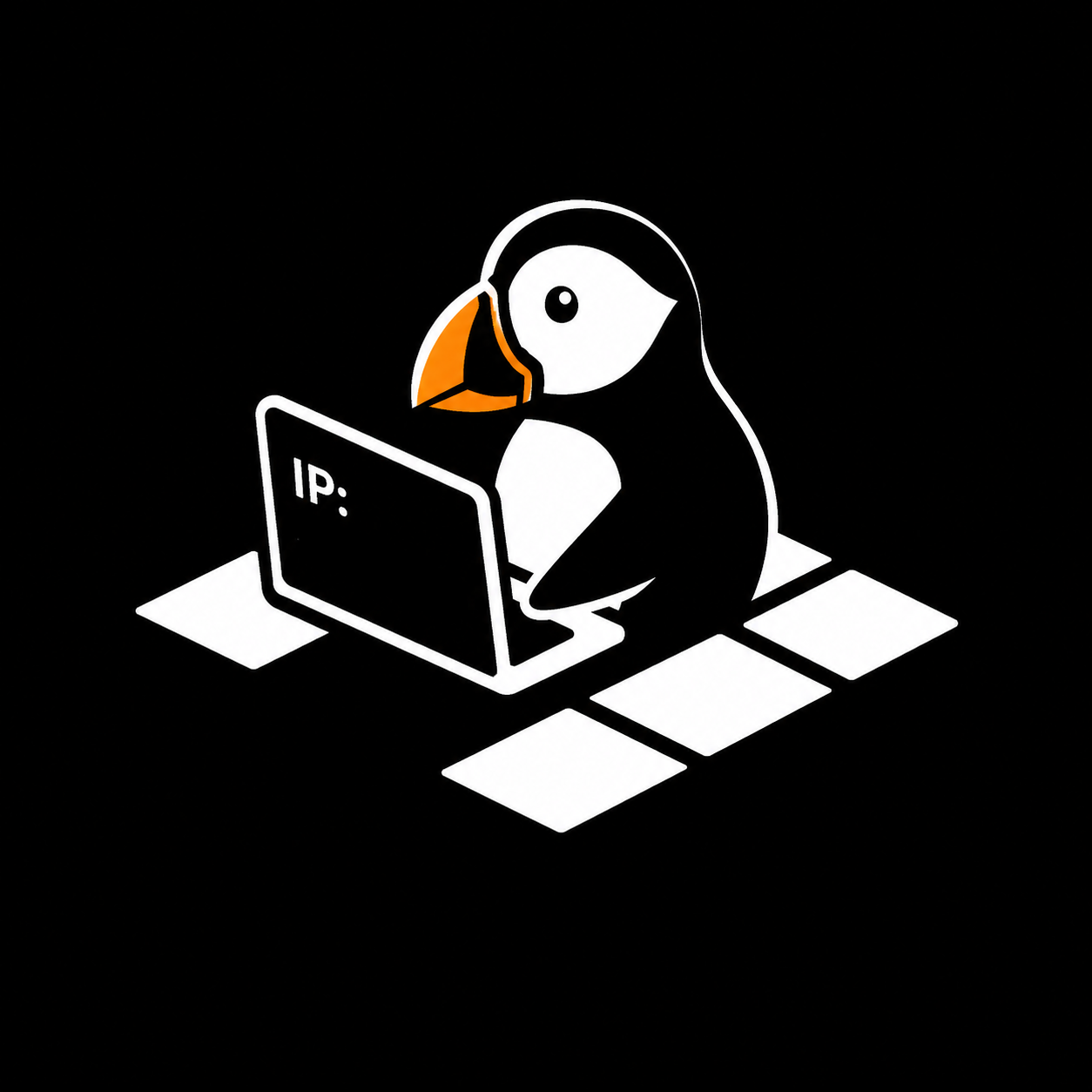 Puffin mascot working at a laptop that displays your IP address